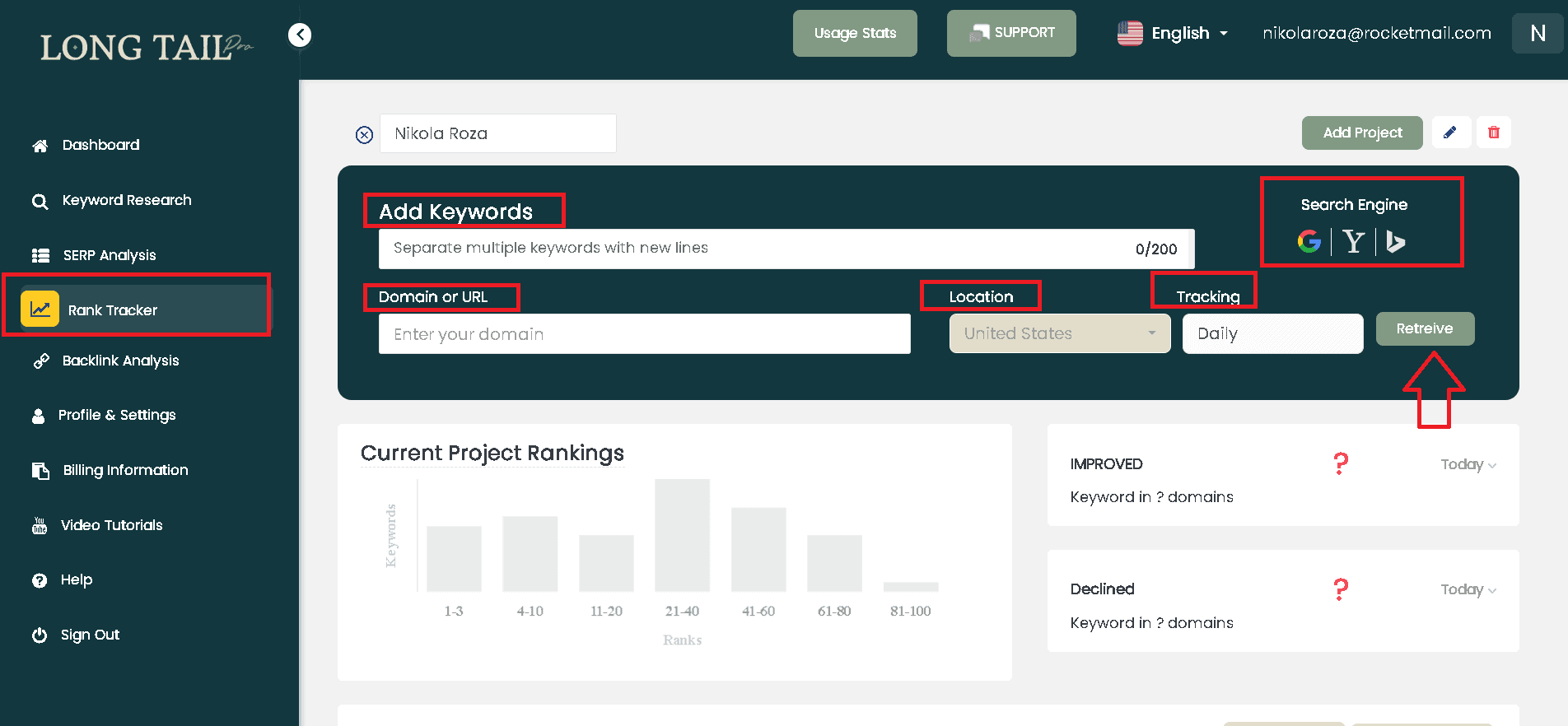 Long Tail Pro Rank Tracker- add your project