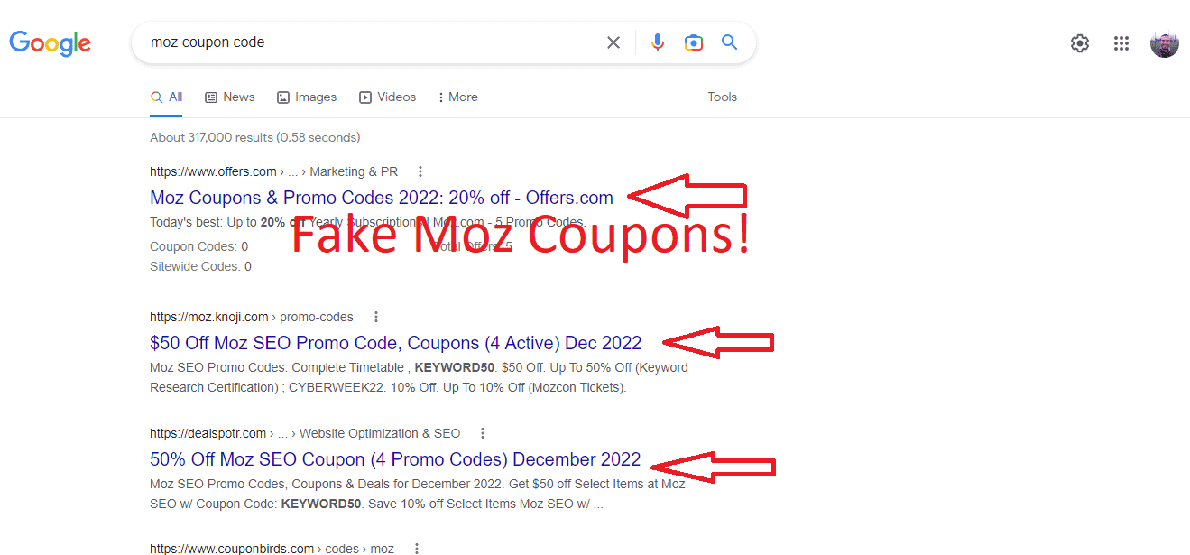 AI-generated websites offering fake Moz coupon codes