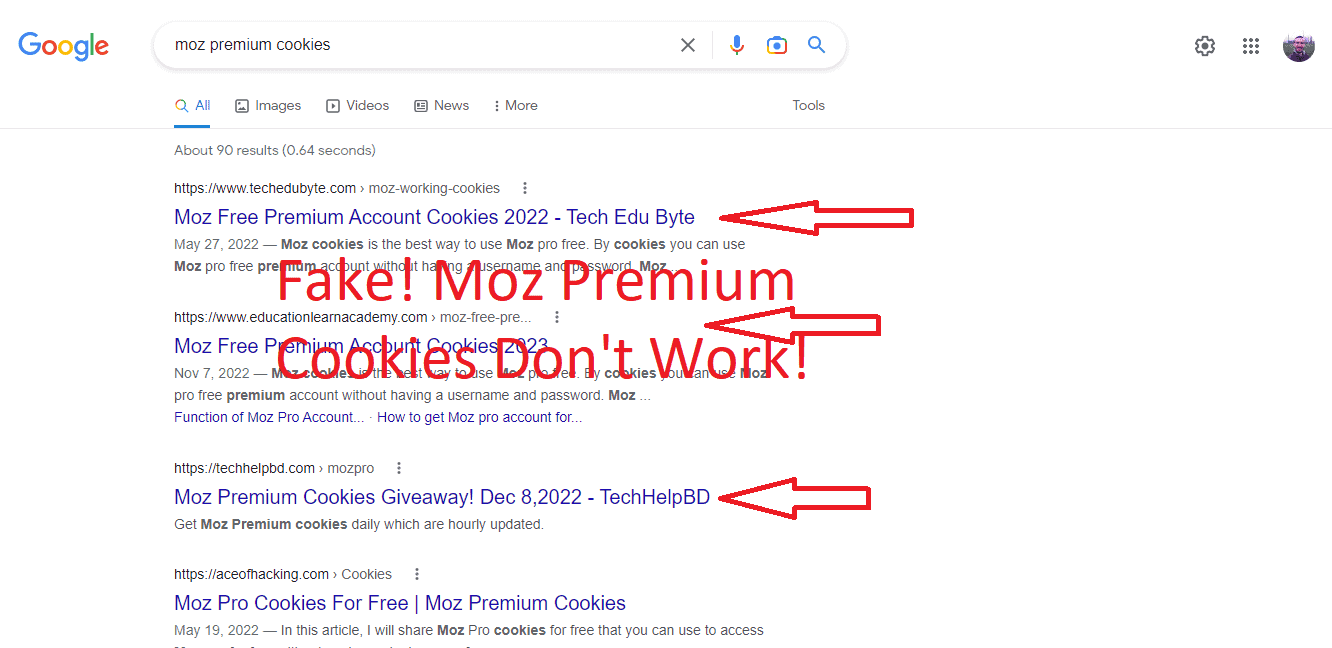 Fake Moz premium cookies offered by scam websites
