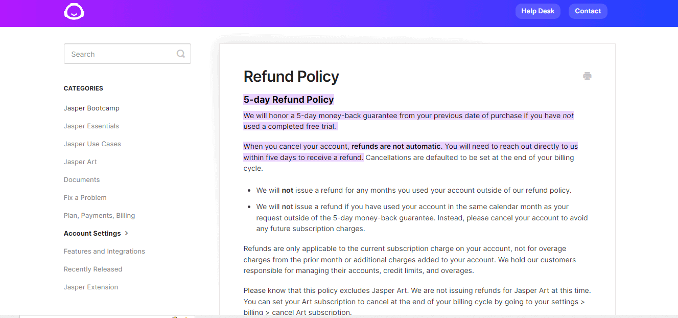 Jasper AI refund policy