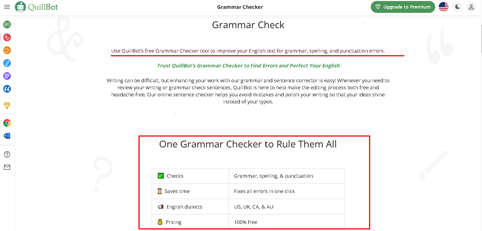 Quillbot AI offers a free grammar checker tool