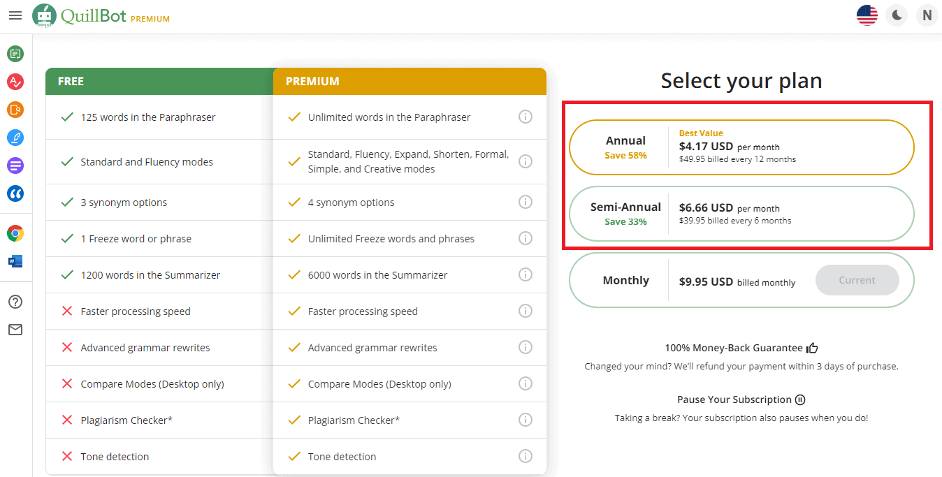 Quillbot pricing page- the only way to get a discount on Quillbot