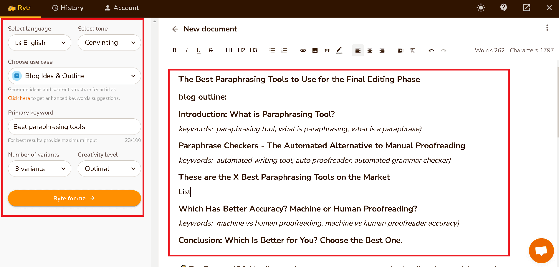 Rytr generated outline for the keyword "best paraphrasing tools"