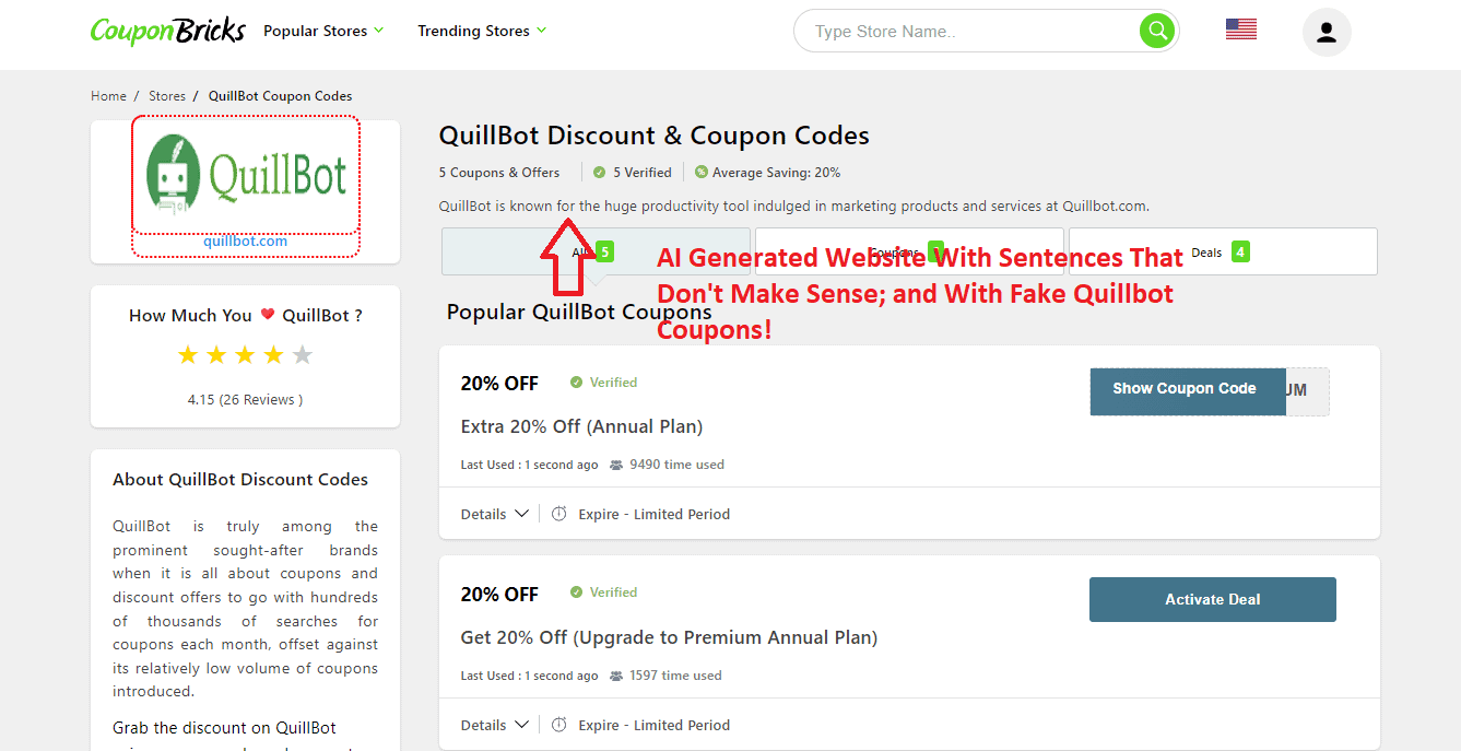 An example of a website offering fake Quillbot coupons and discounts