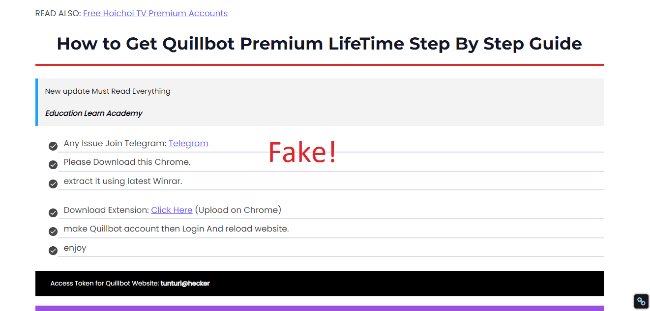 a Supposed Quillbot lifetime deal offered by a fake website