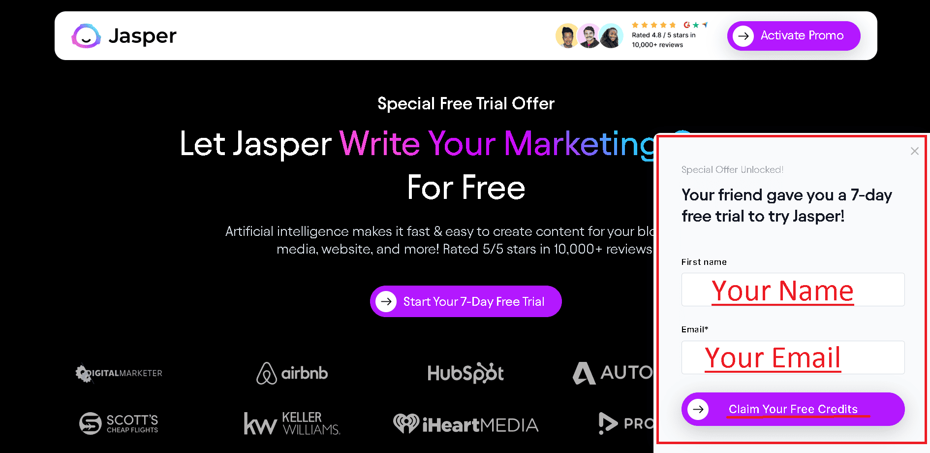 Jasper AI free trial offer on the homepage