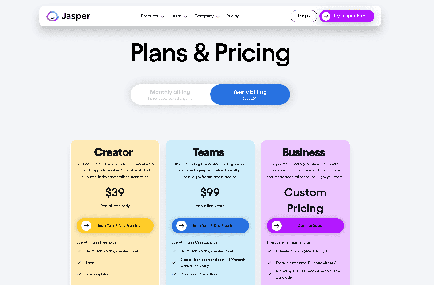 Jasper AI plans pricing and cost