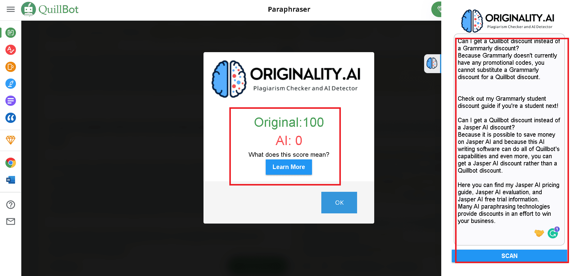 Originality.ai can't detect content that Quillbot paraphrased