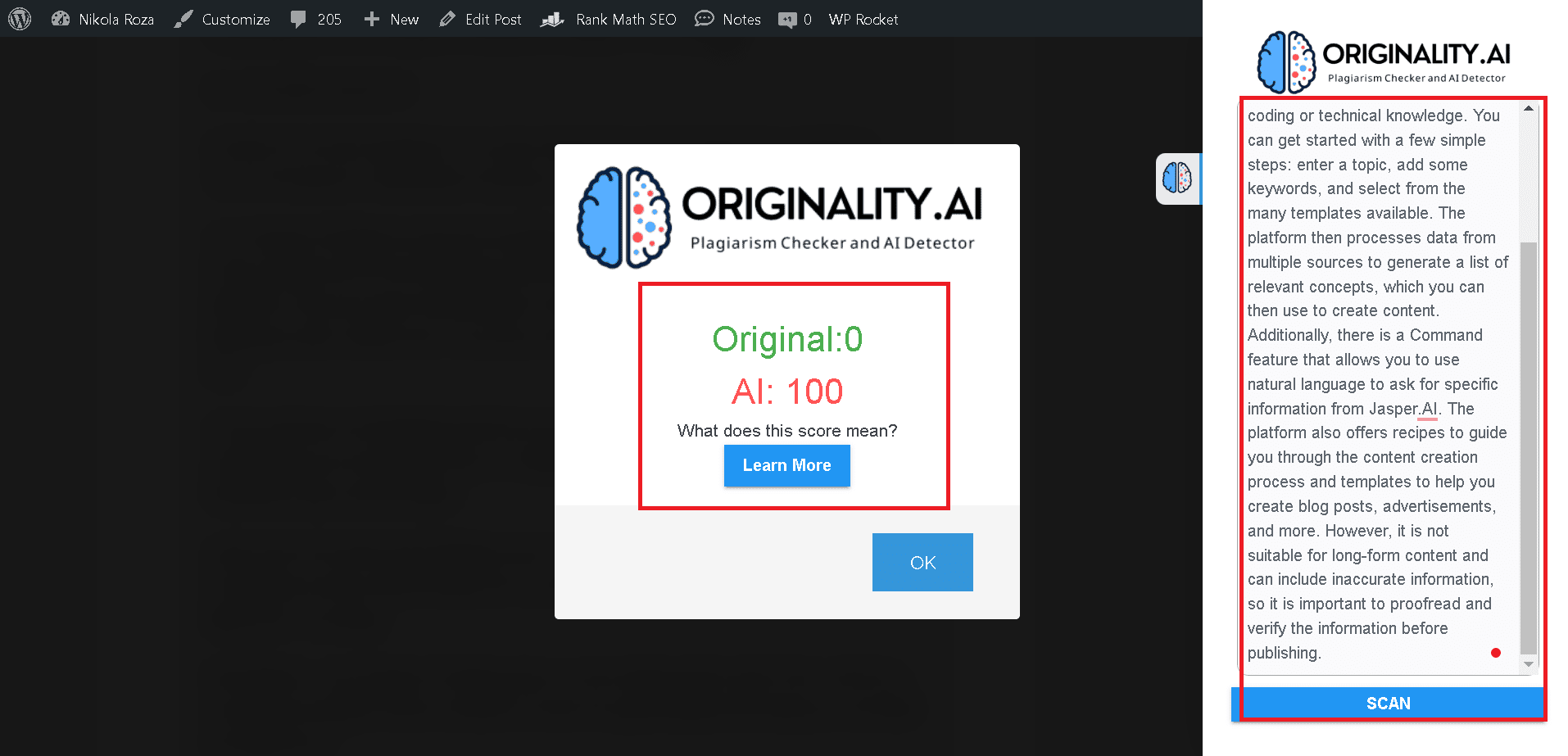 Originality.ai can easily detect AI content written by Jasper AI