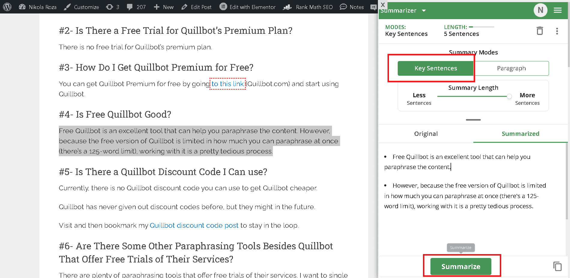 Summarizing content with Quillbot Chrome extension in bullet point mode