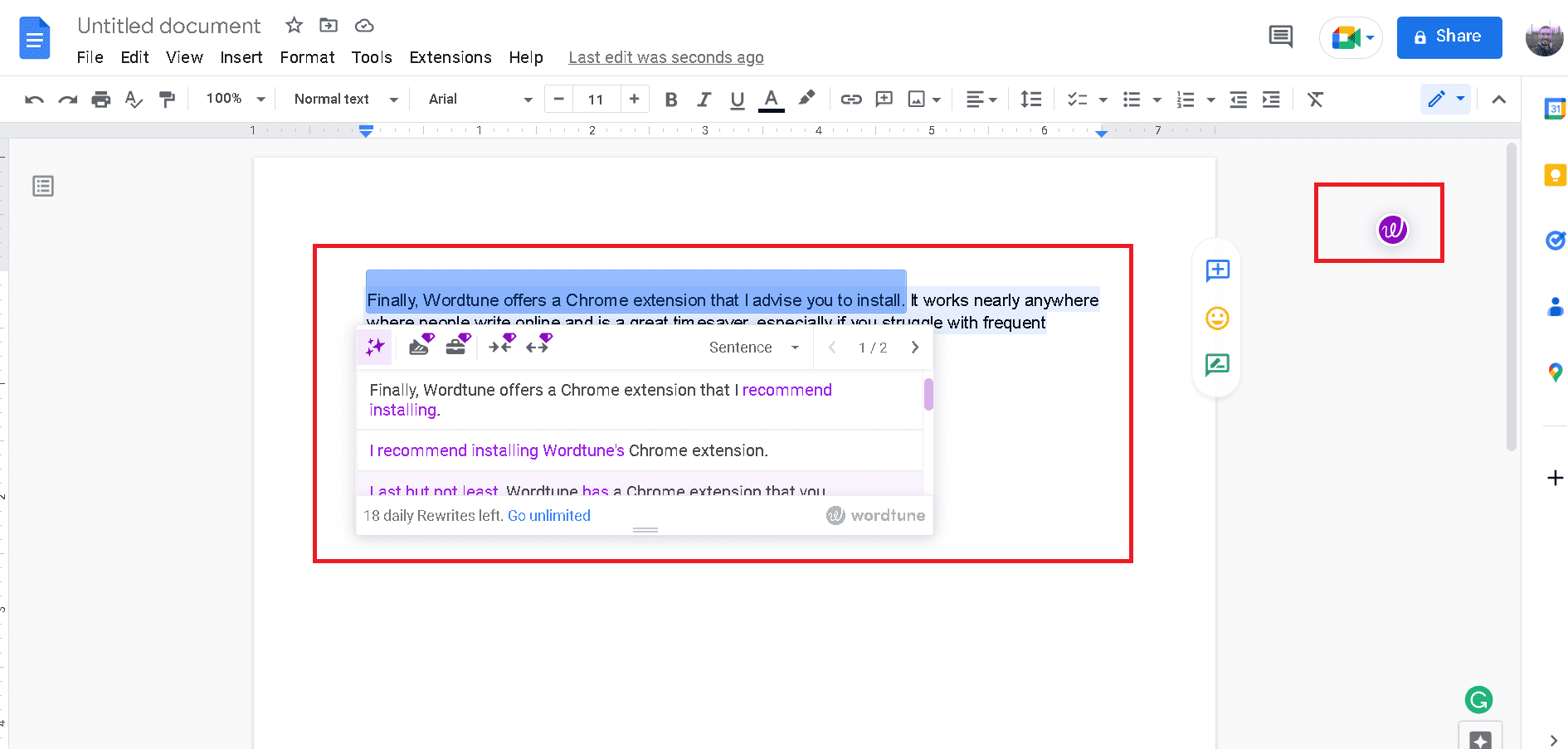 Wordtune free Chrome extension works with Google Docs