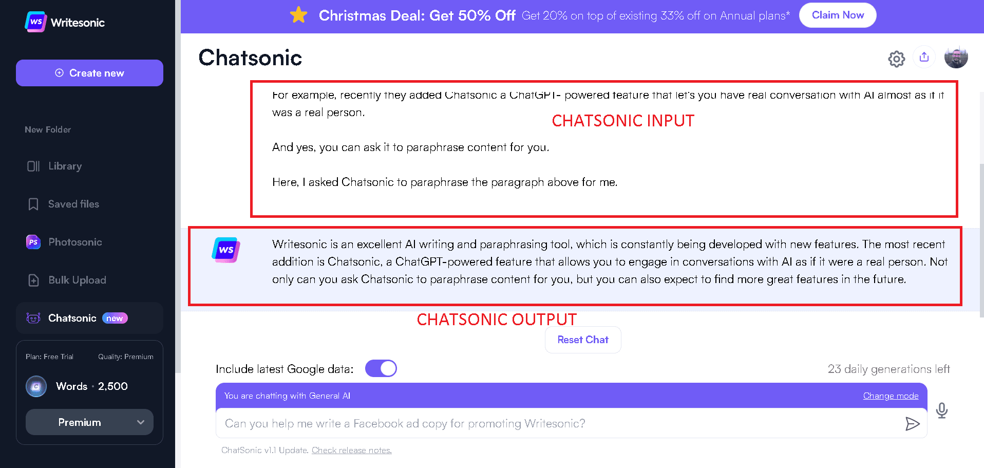 Writesonic Chatsonic feature can paraphrase anything you feed into it