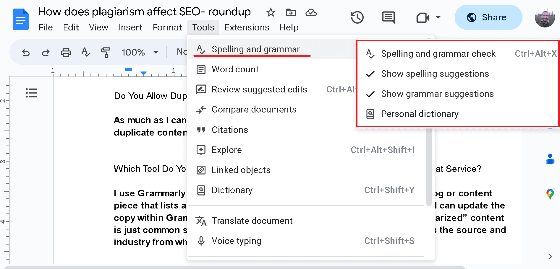 Enable grammar and spelling checks in Google Docs