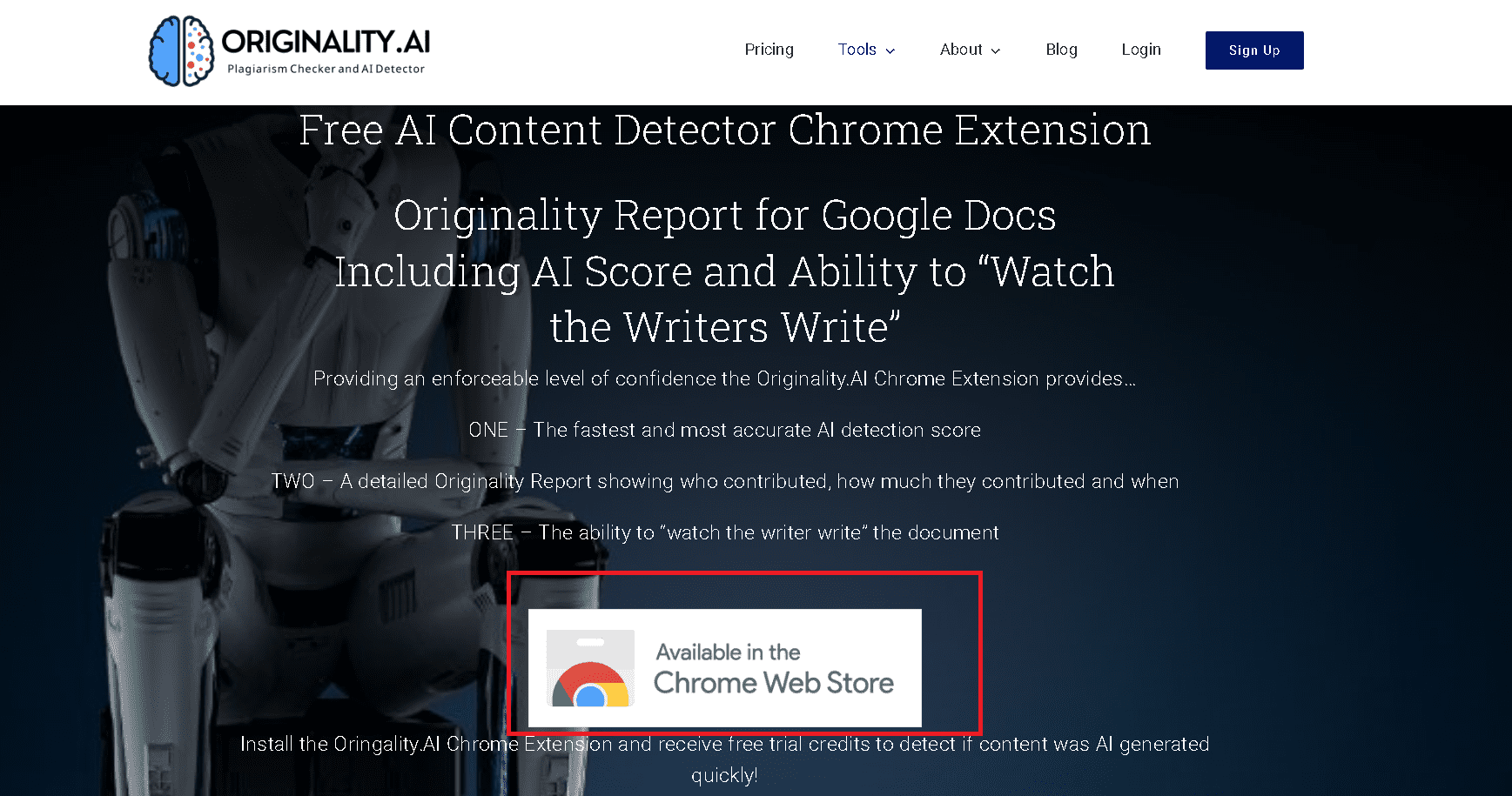 Originality.ai Chrome extension official page- a way to get a free trial