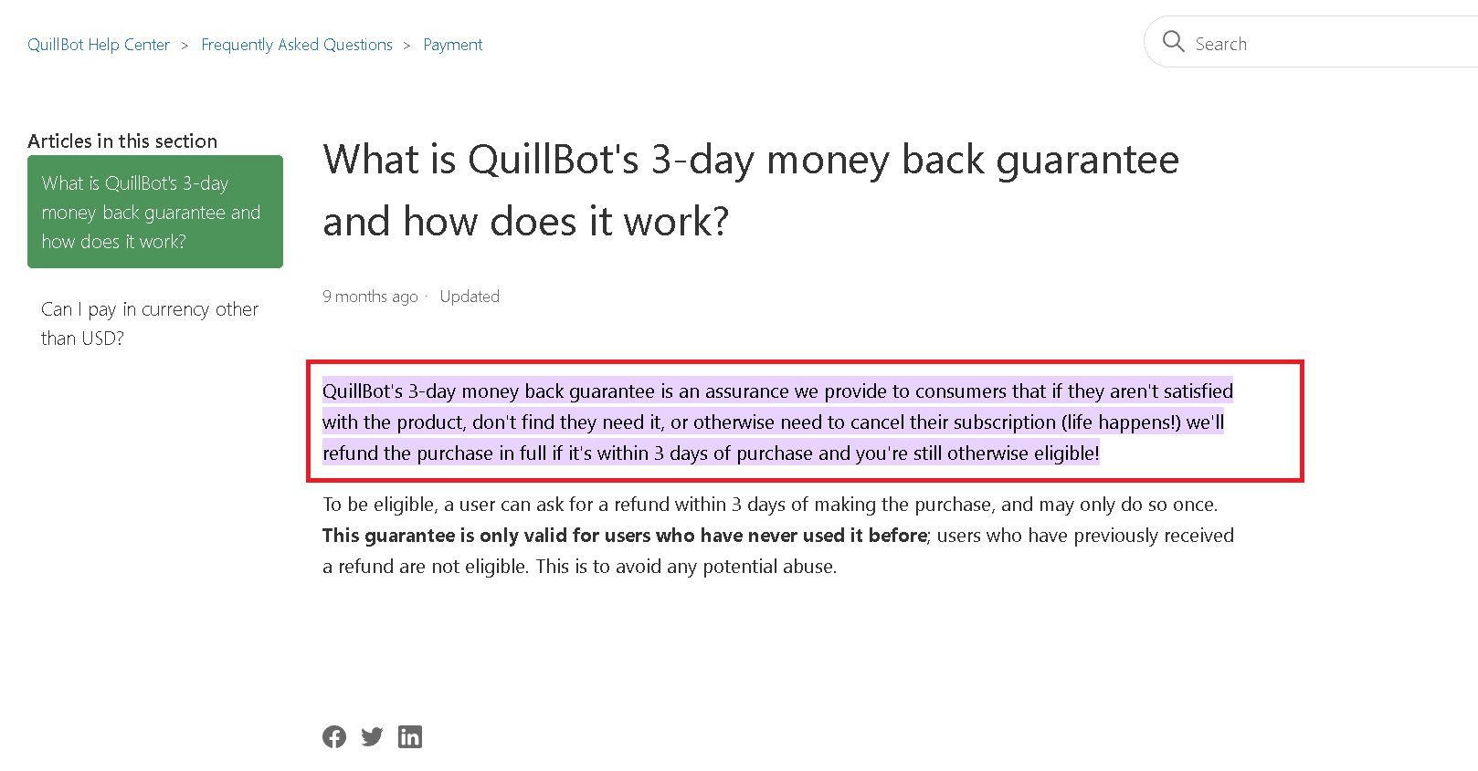 Quillbot money back policy on Quillbot.com