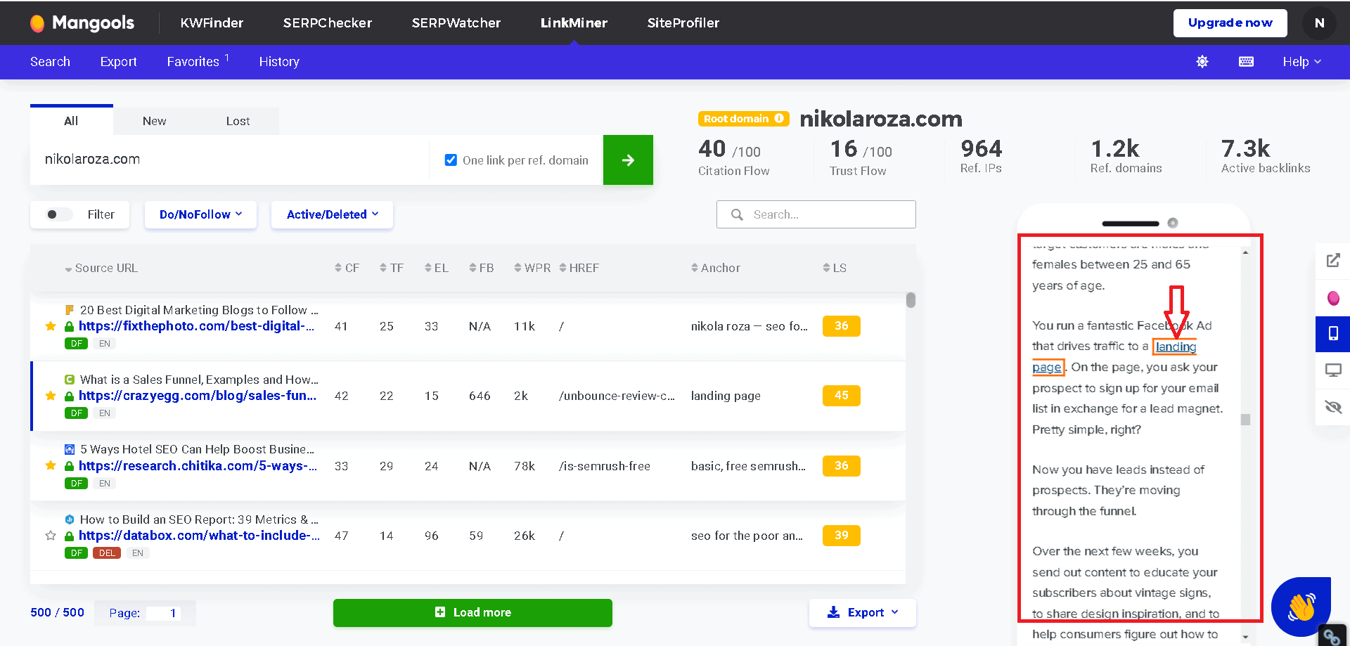 Link Miner backlink preview within Mangools dashboard