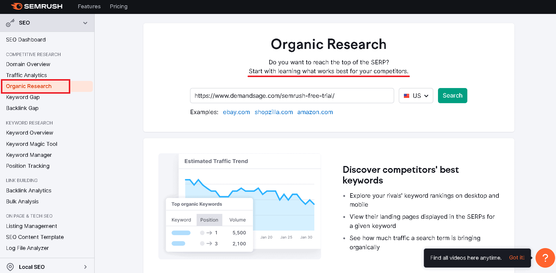SEMrush organic research- way to find excellent keywords