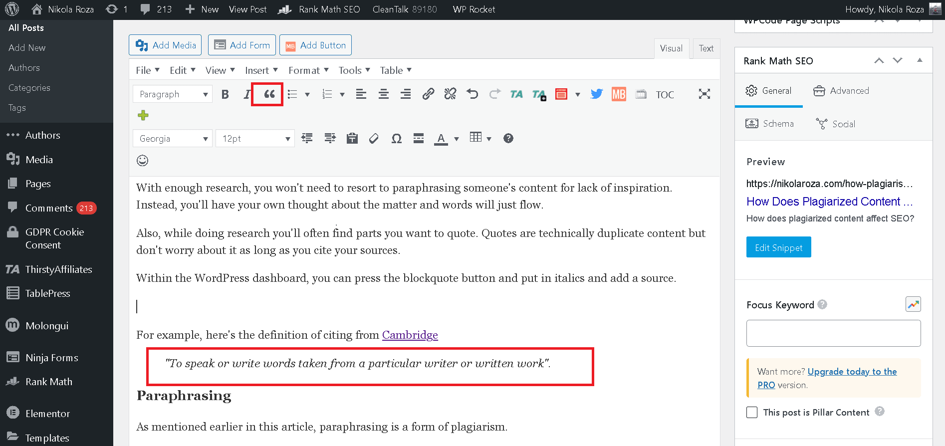use blockquote in WordPress to quote and cite