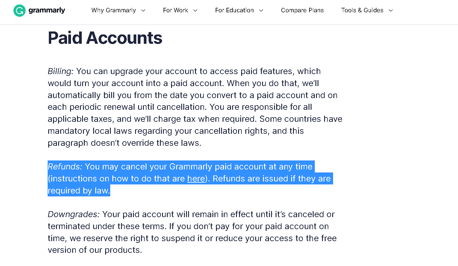 Grammarly Premium accounts are not refundable