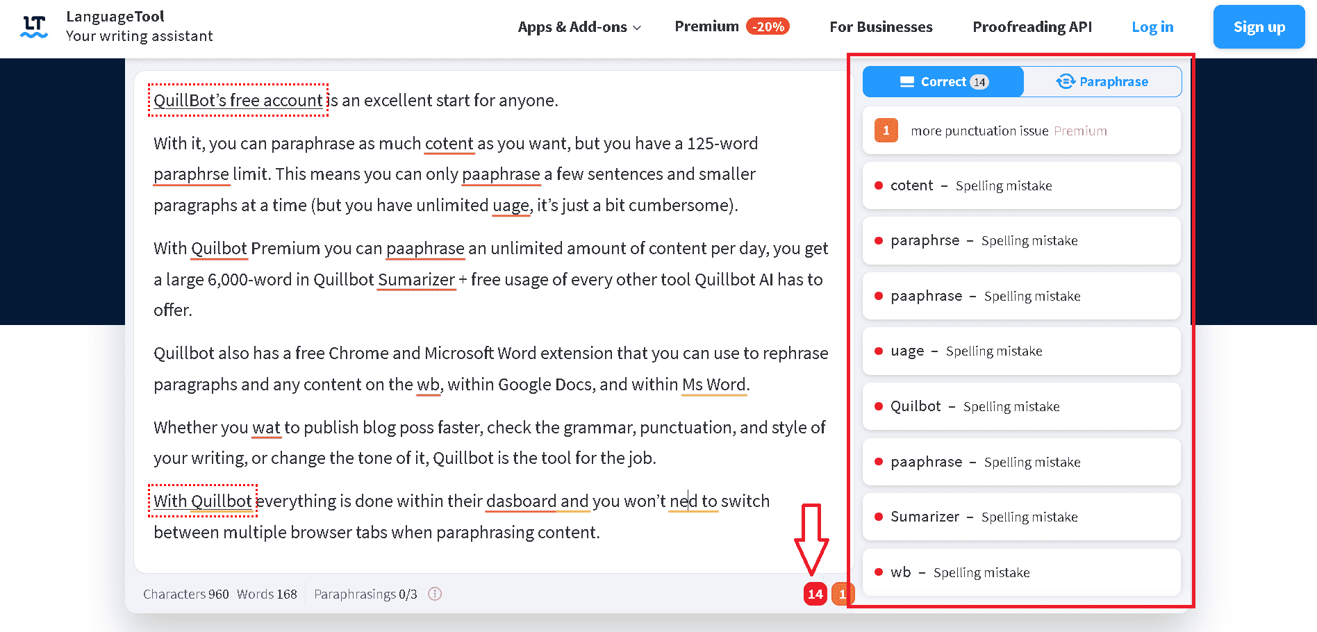 LanguageTool found many grammar and spelling mistakes in my test text