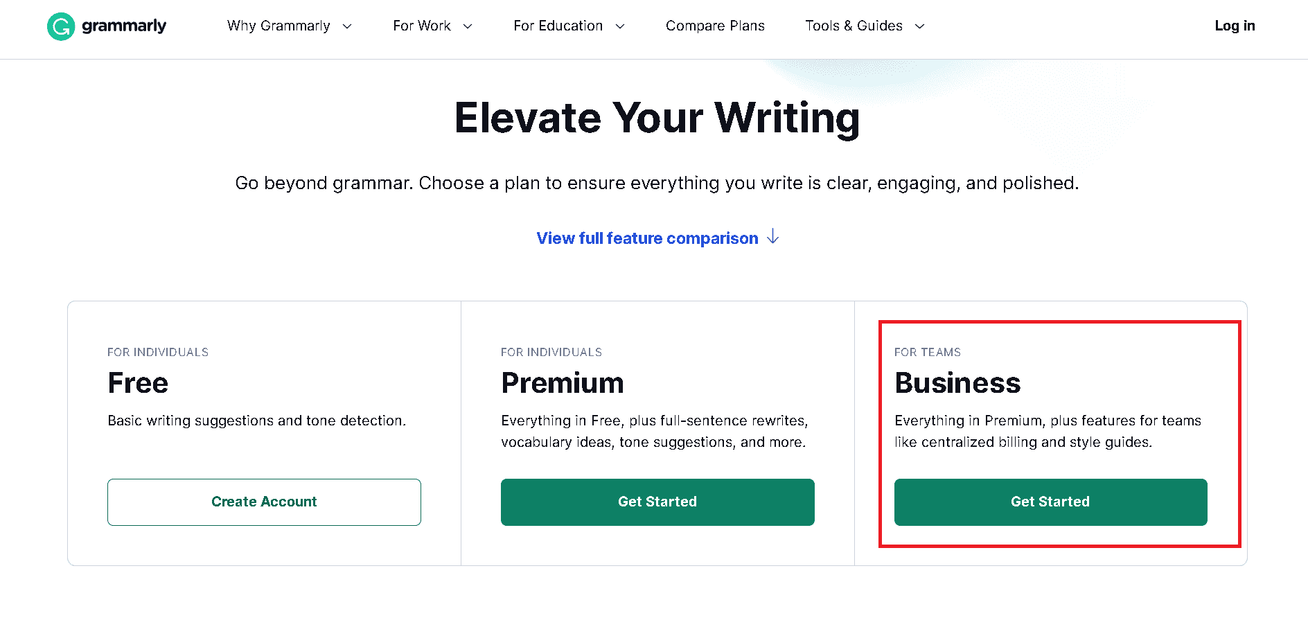 Pick Grammarly Business plan to activate 7-day free trial
