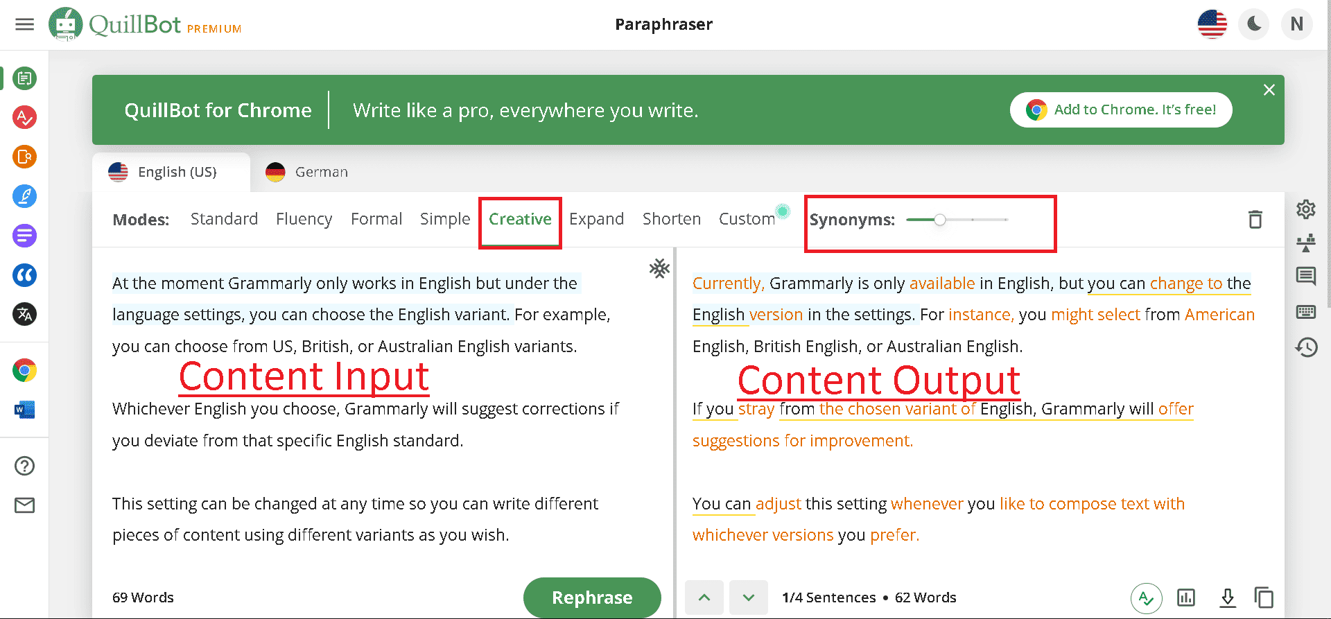 Quillbot Paraphraser app rewriting content in the Creative mode