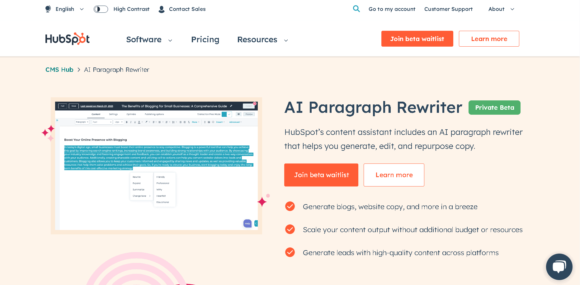 HubSpot free paraphrasing tool and paragraph rewriter