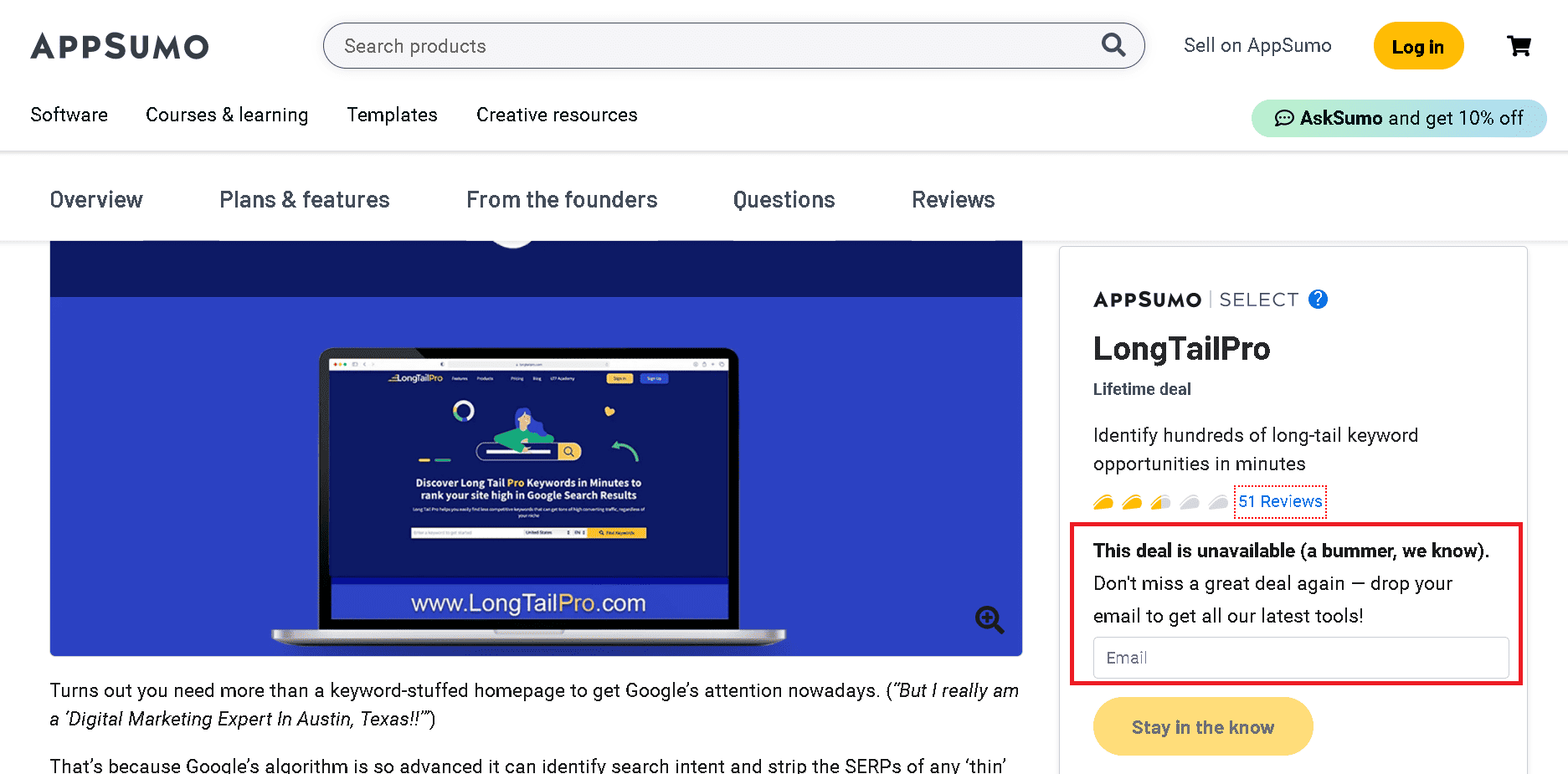 Long Tail Pro AppSumo deal doesn't exist
