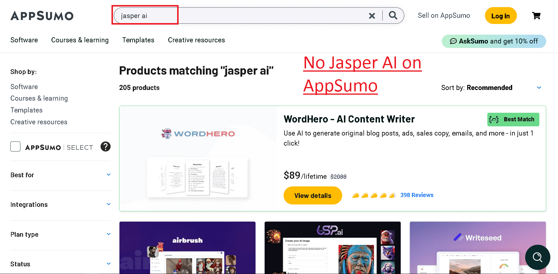 No Jasper AI deal on AppSumo