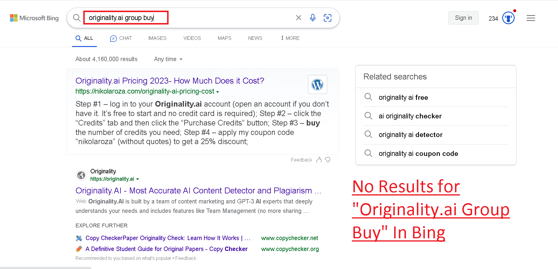 Originality.ai group buy query shows no relevant results in Bing
