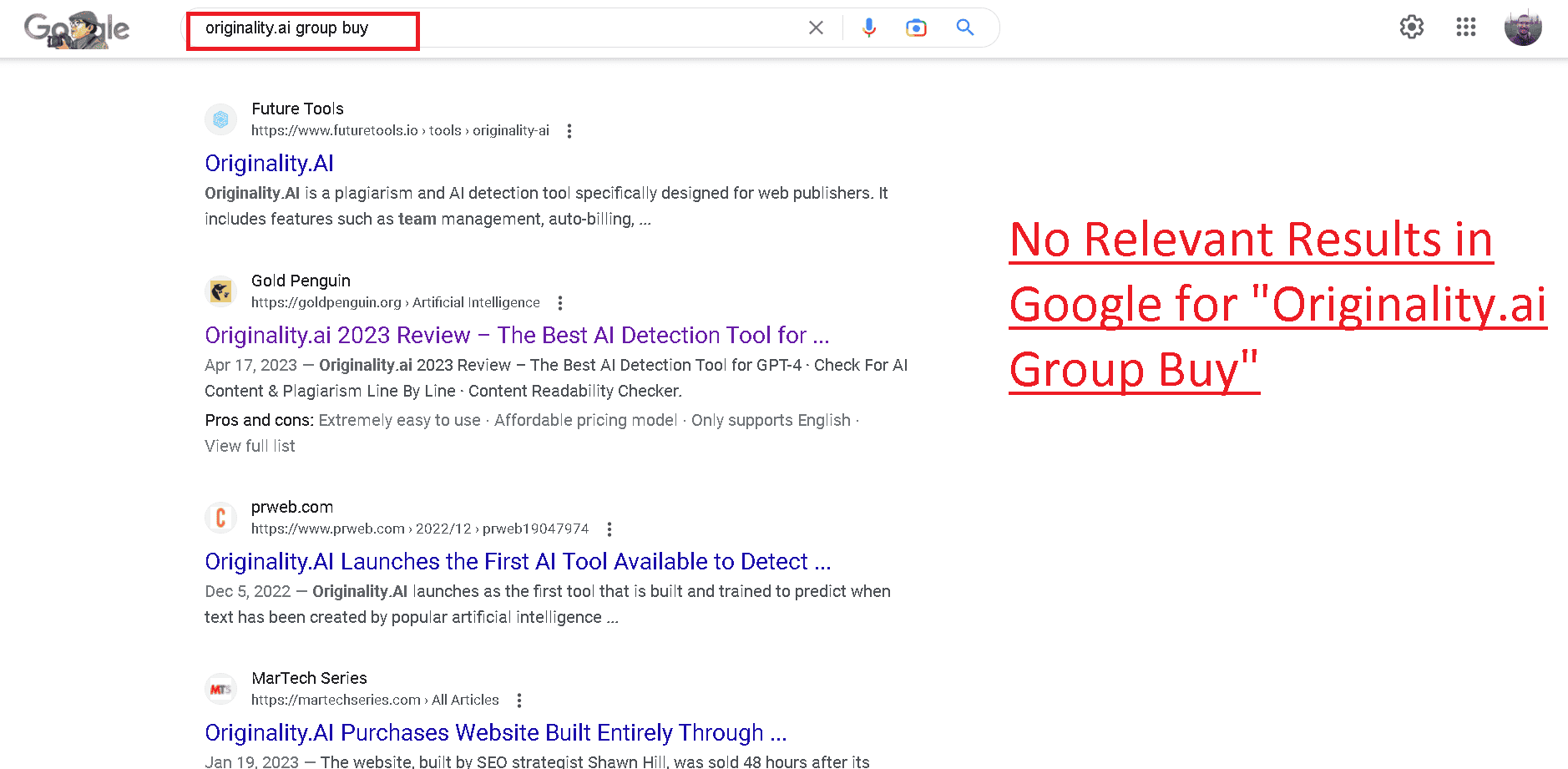 Originality.ai group buy query in Google shows no results