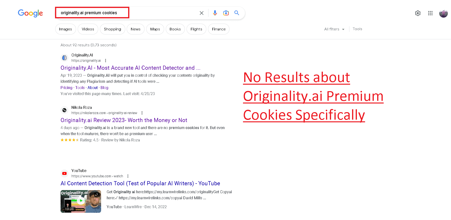 No Originality.ai premium cookies result for Google searched query