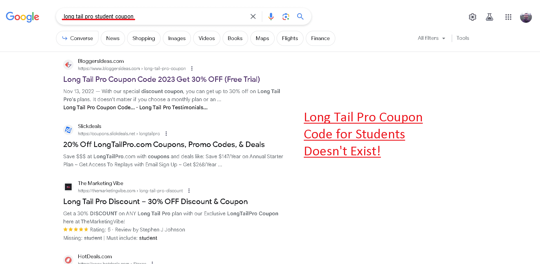 Long Tail Pro student coupon doesn't exist