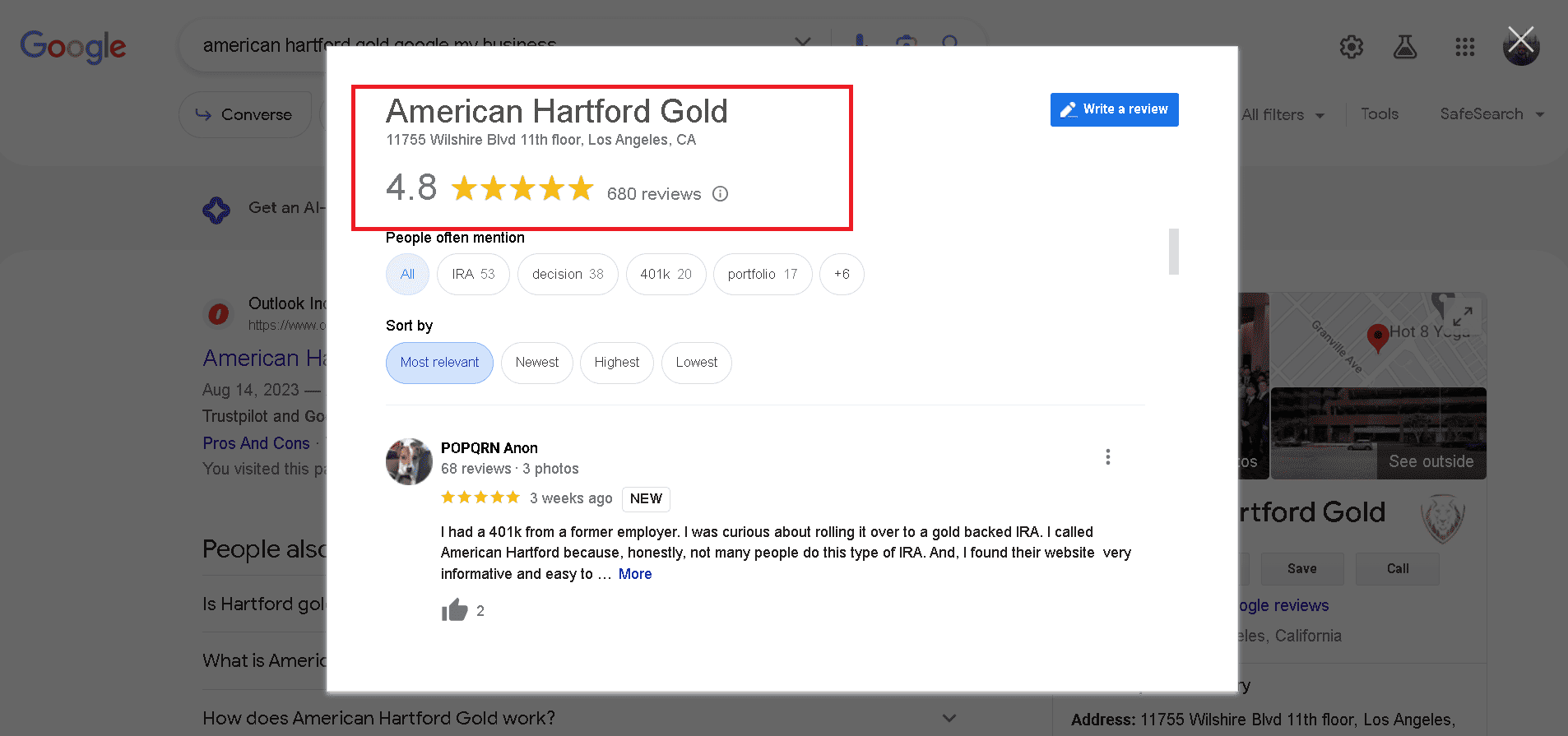 American Hartford Gold Google My Business profile and ratings