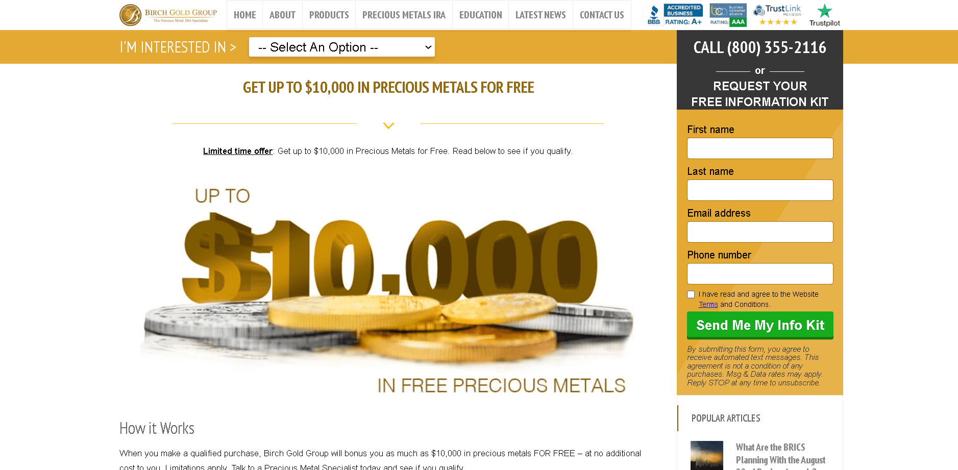 Birch Gold Group offer up to $10 000 in precious metals (coins and bars) for free