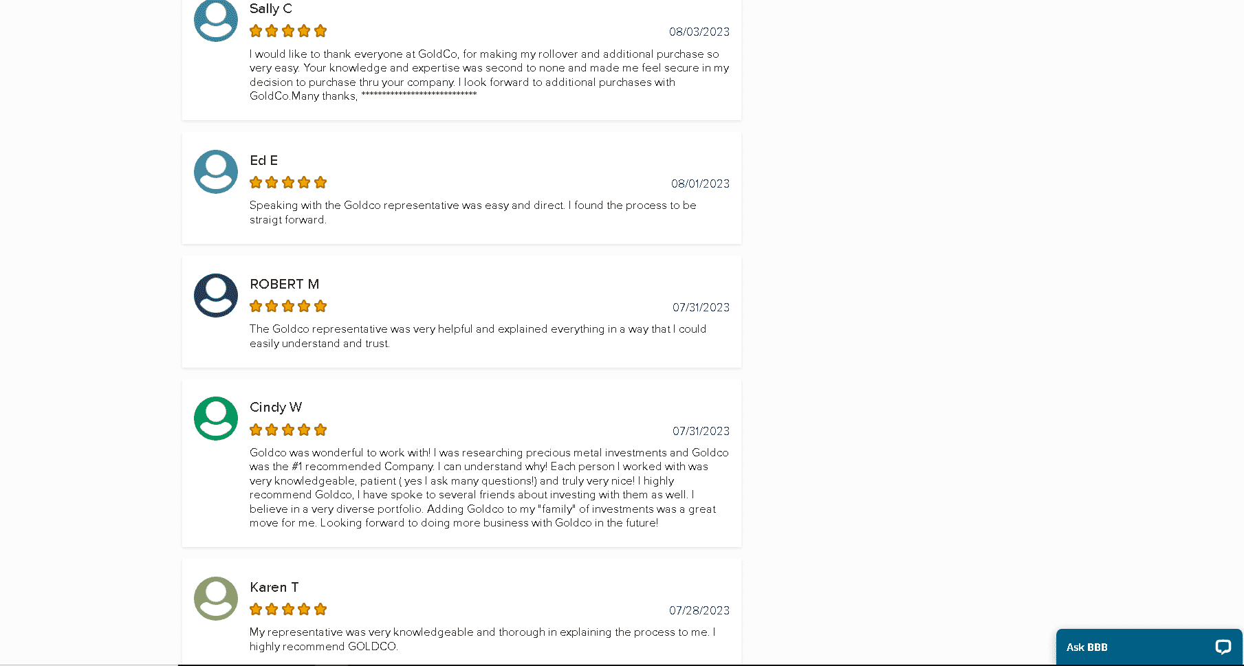 Goldco BBB positive customer reviews on their BBB profile