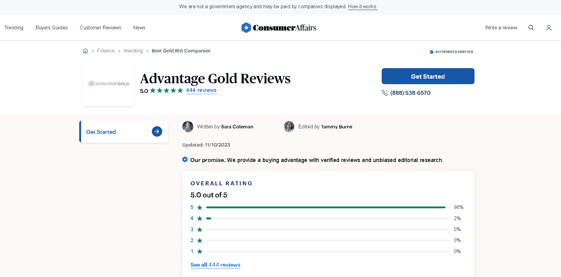 Advantage Gold profile and positive reviews on ConsumerAffairs