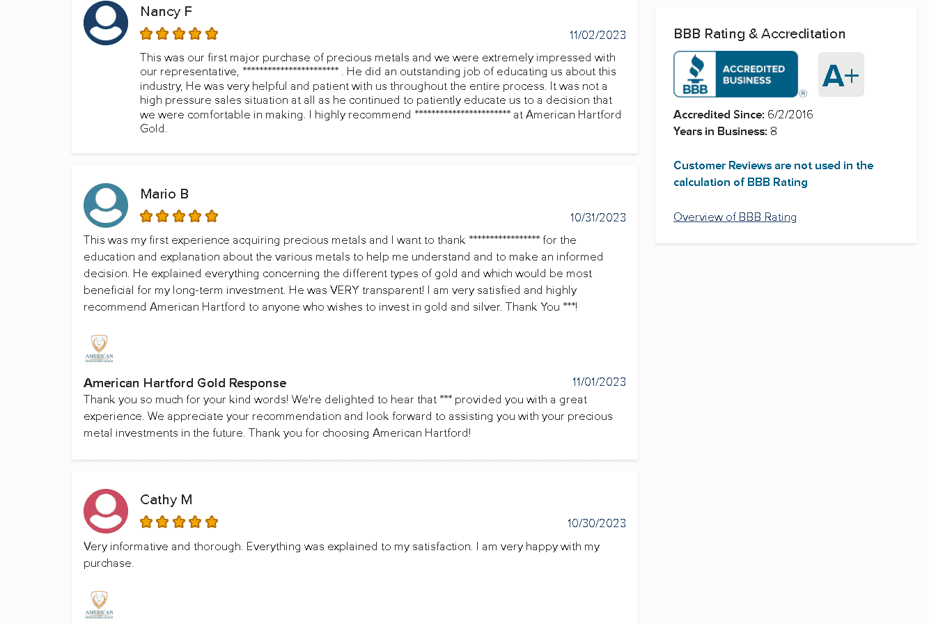 American Hartford Gold positive customer reviews example 3
