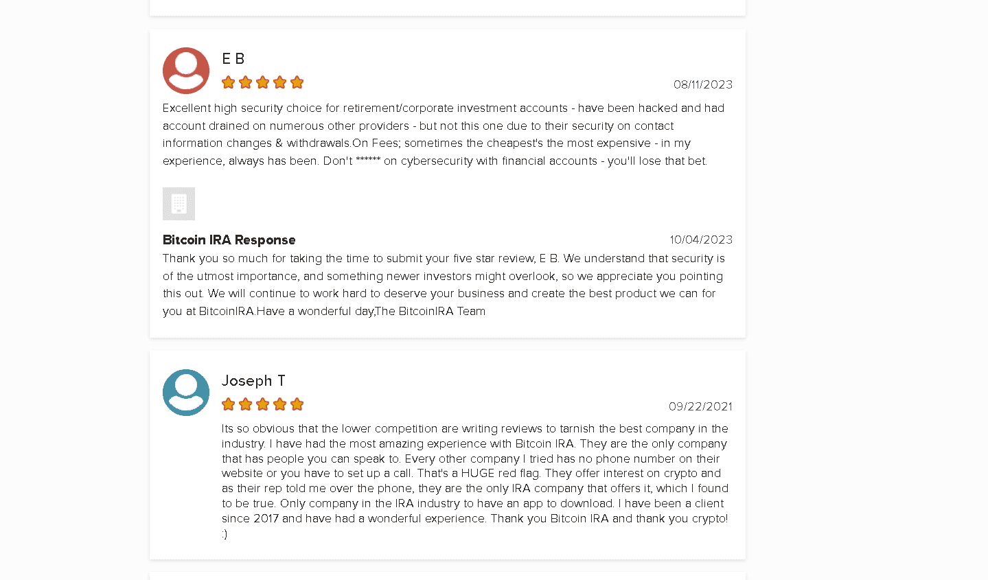 Bitcoin IRA positive customer reviews on their BBB profile