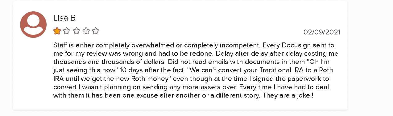 Bitcoin IRA complaint and negative review example 5