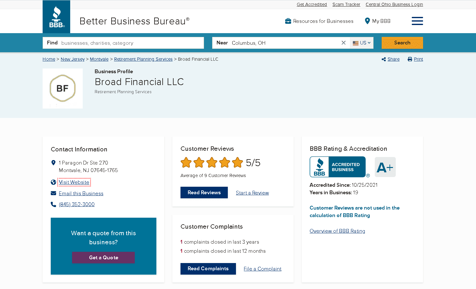 Broad Financial BBB profile and customer reviews