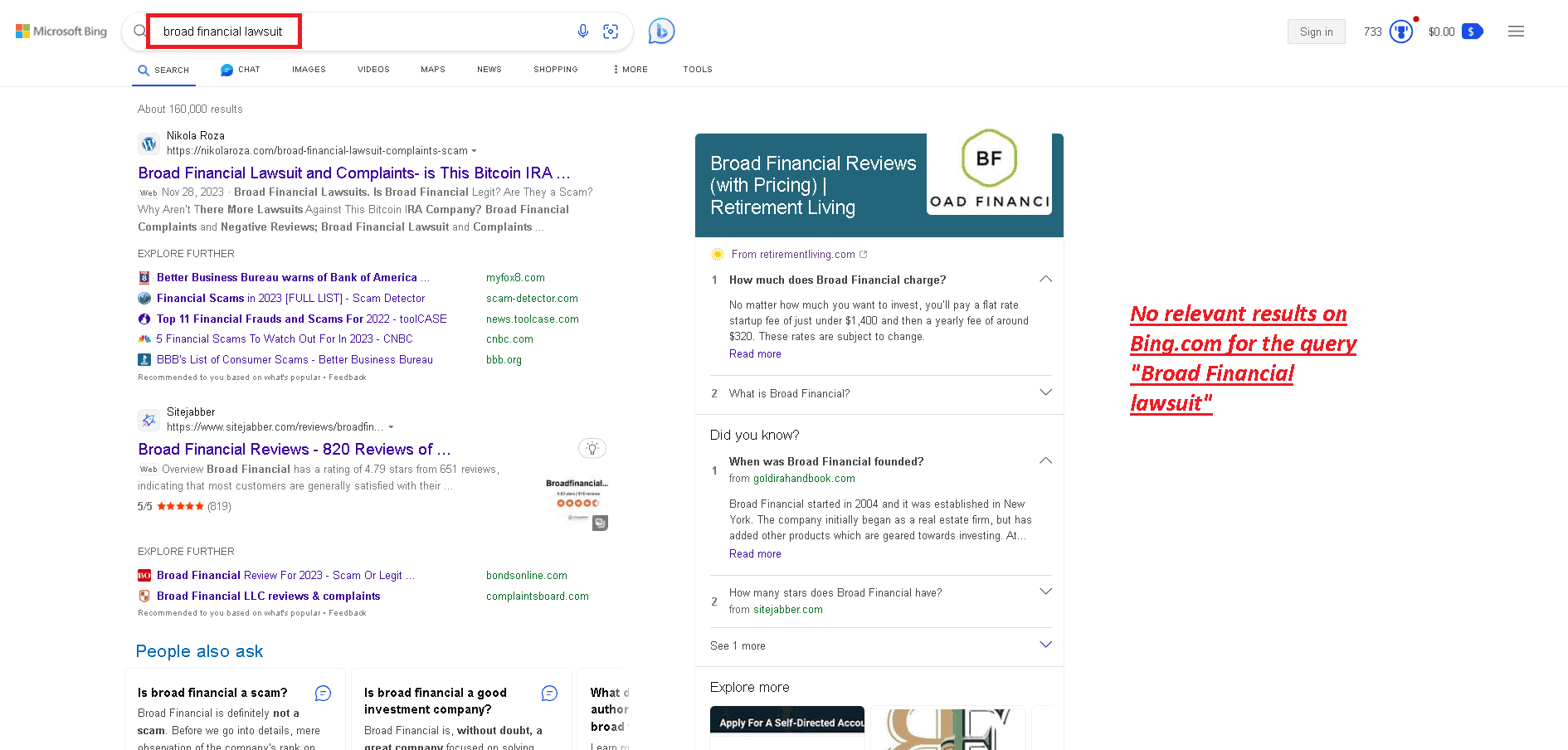 Broad Financial lawsuit- no relevant results on Bing.com