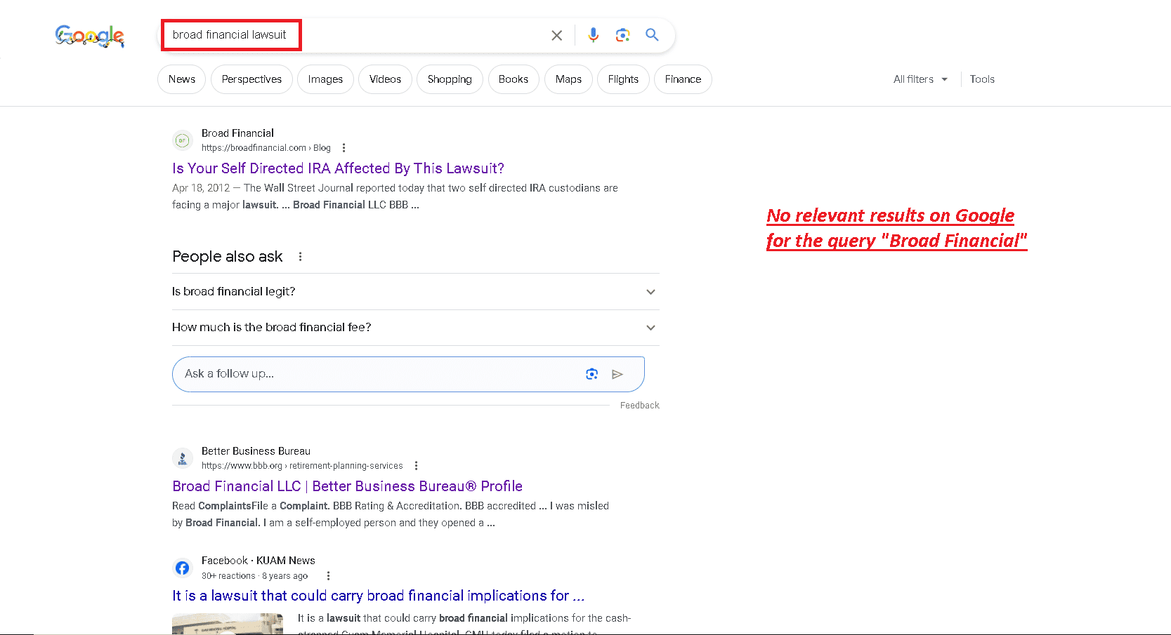 Broad Financial lawsuit- no relevant results on Google.
