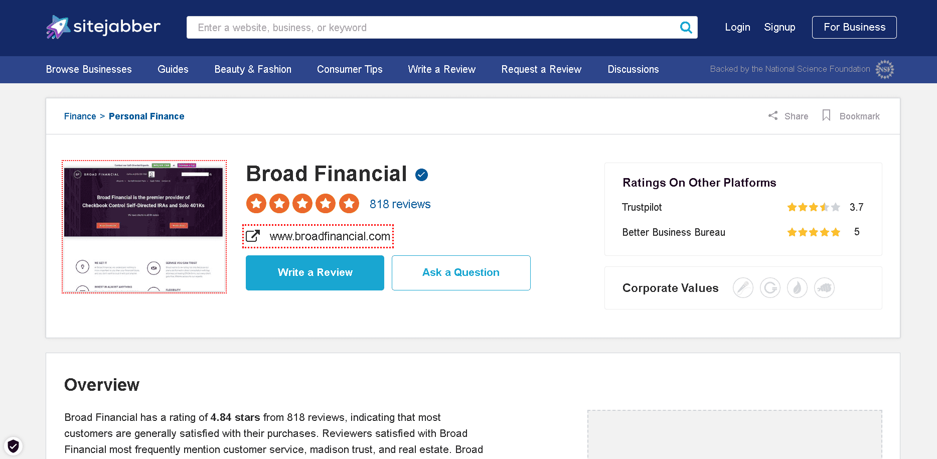 Broad Financial Sitejabber profile and customer reviews