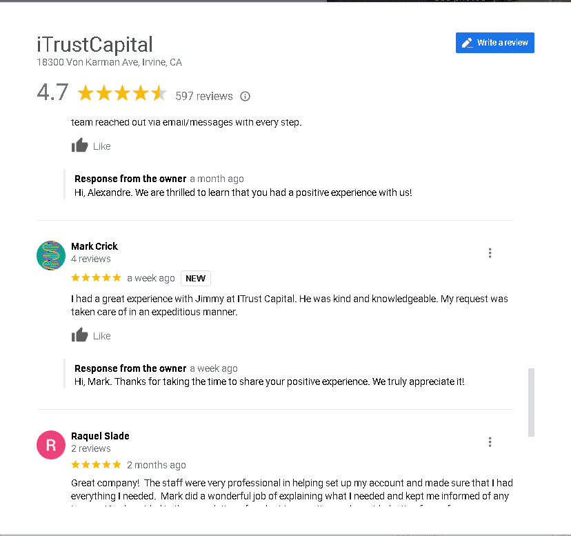 iTrustCapital Google my Business Profile and positive reviews