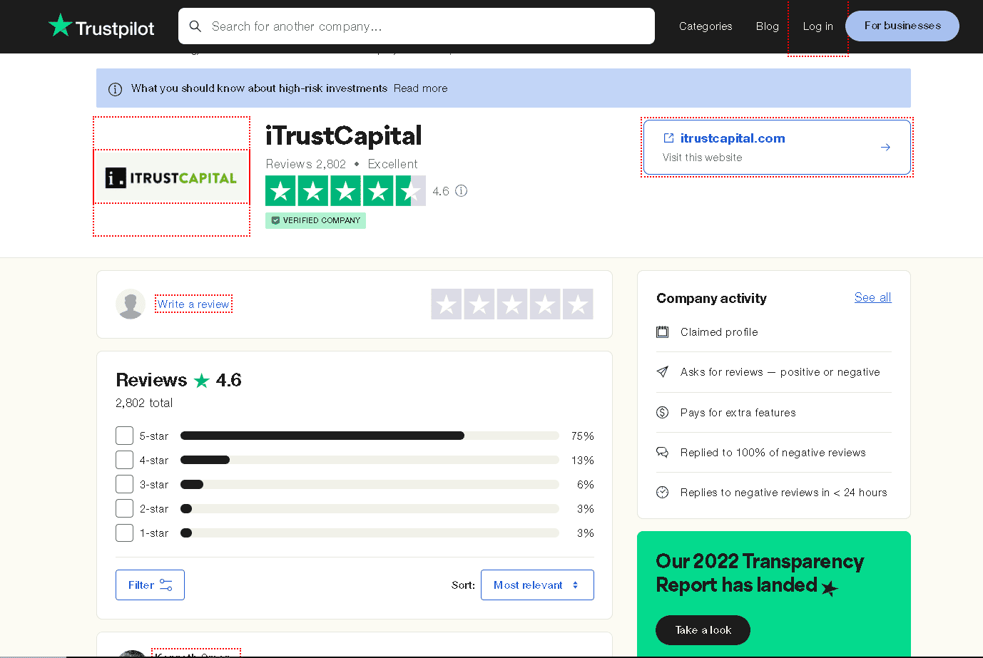 iTrustCapital Truspilot profile