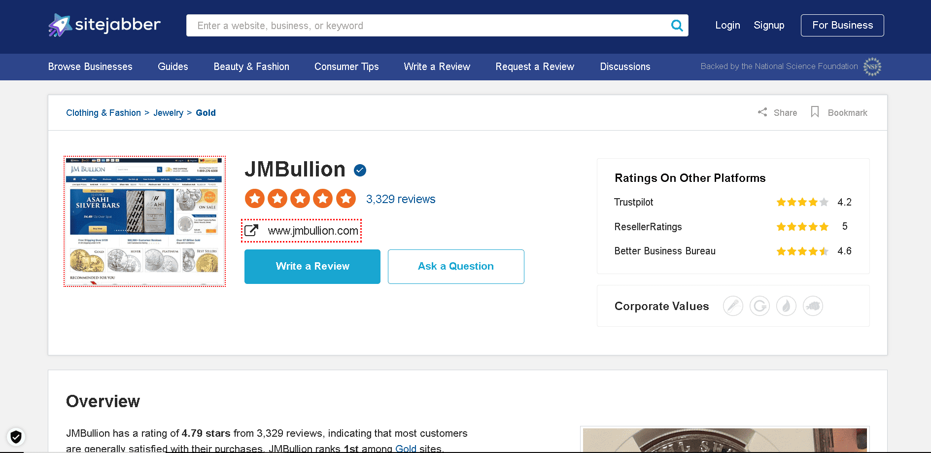 JM Bullion Sitejabber profile and customer reviews