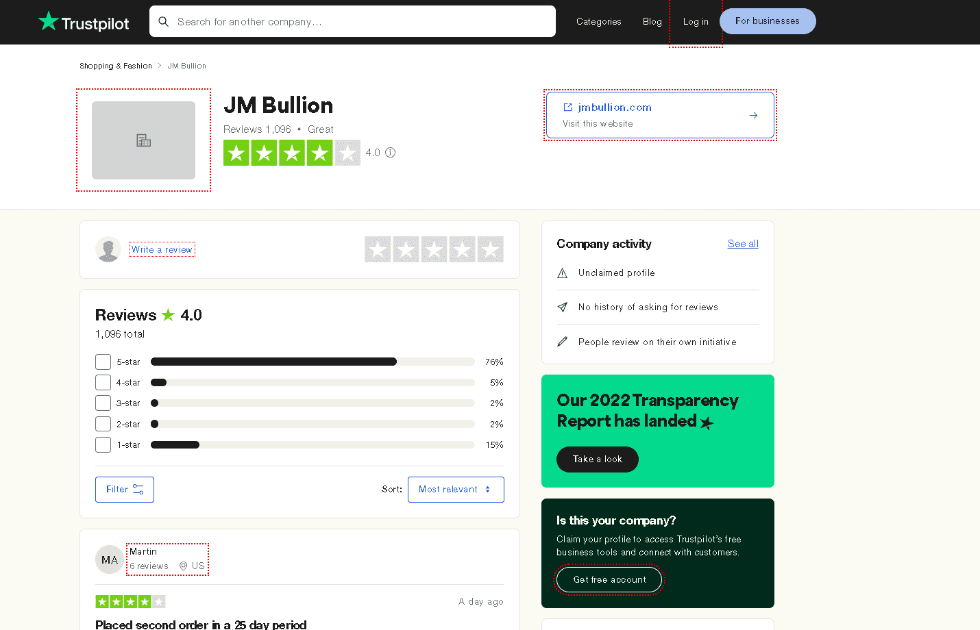 JM Bullion Trustpilot profile and customer reviews