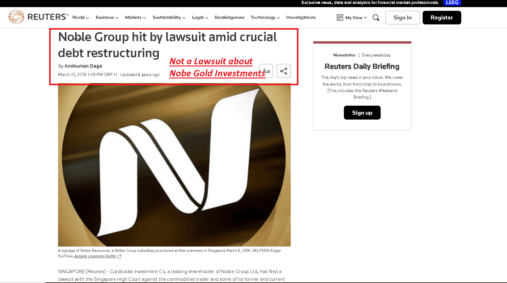 Noble Gold ltd Lawsuit report by Reuters- not an article about Noble Gold Investments