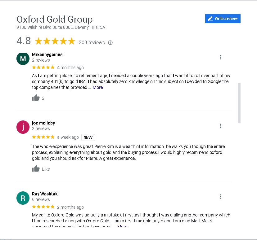 Oxford Gold Group positive customer reviews on Google